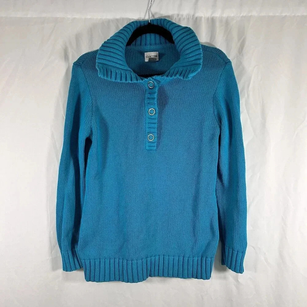 Chico's Sweater Women's Medium Blue Knit 1/4 Button Long Sleeve 100% Cotton